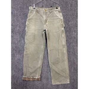 Vintage Carhartt Work Pants Flannel Lined Canvas Carpenter Green Men Size 34x30